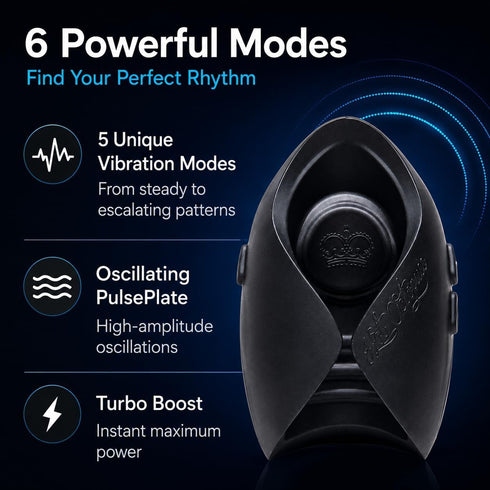 Black Hot Octopuss Pulse device showing the PulsePlate, with an infographic about vibration modes and Turbo Boost.