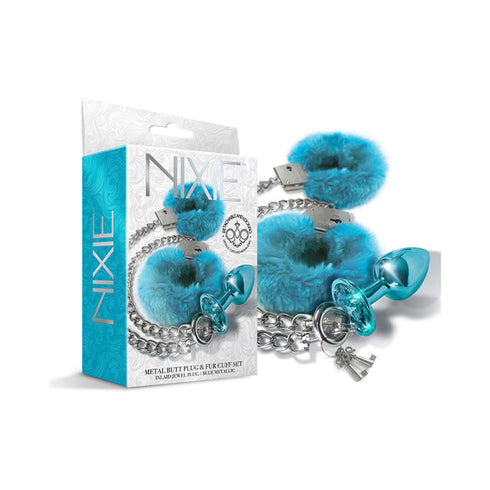 Nixie Metal Butt Plug & Furry Handcuff Set Medium Metallic