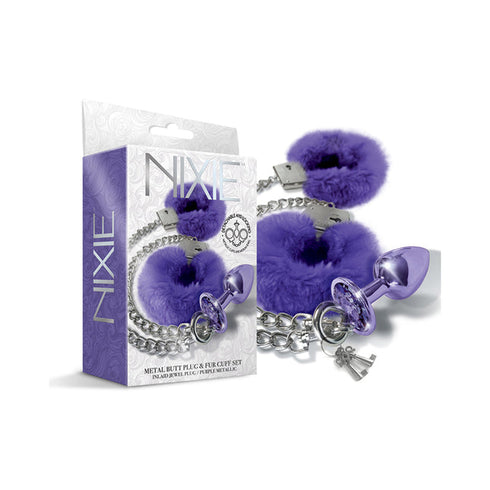 Nixie Metal Butt Plug & Furry Handcuff Set Medium Metallic