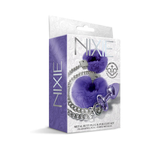 Nixie Metal Butt Plug & Furry Handcuff Set Medium Metallic