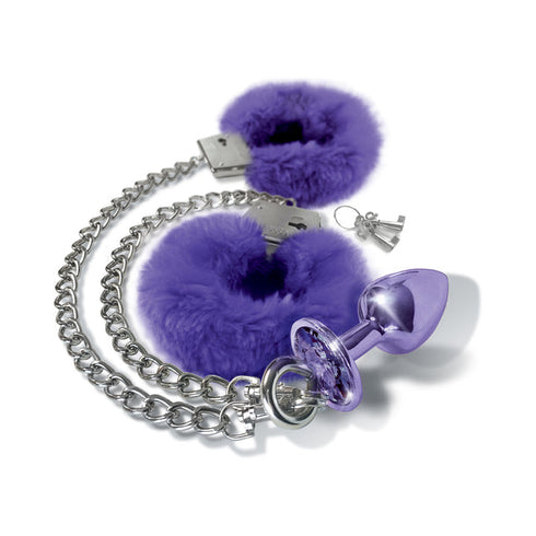 Nixie Metal Butt Plug & Furry Handcuff Set Medium Metallic