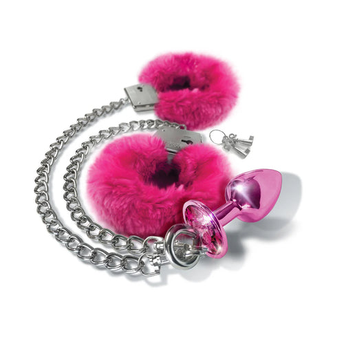 Nixie Metal Butt Plug & Furry Handcuff Set Medium Metallic