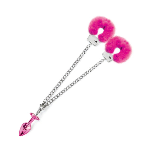 Nixie Metal Butt Plug & Furry Handcuff Set Medium Metallic