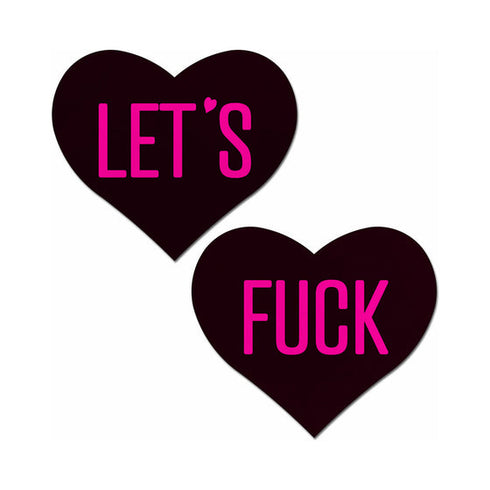 Pastease Love: Let's Fuck Black Heart on Neon Pink Base Nipple Pasties