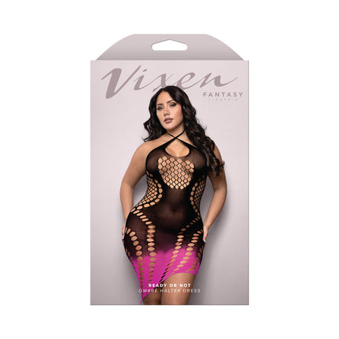 Fantasy Lingerie Vixen Ready Or Not Ombré Knit Asymmetrical Keyhole Halter Dress Black/Pink