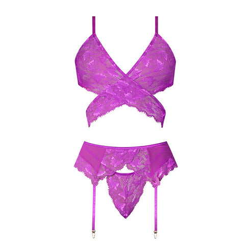 Magic Silk Butterfly Fantasies Bra, Garter & Thong Set Neon Purple