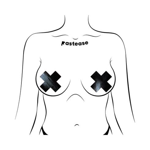 Pastease Plus X: Faux Latex Pleather Vinyl Black Cross Pasties (view 2)