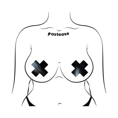 Pastease Plus X: Faux Latex Pleather Vinyl Black Cross Pasties (view 3)