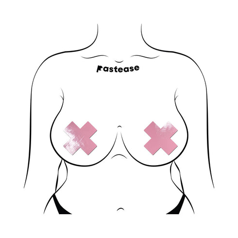 Pastease Plus X: Faux Latex Pleather Vinyl Baby Pink Cross Pasties (view 3)