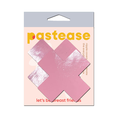 Pastease Plus X: Faux Latex Pleather Vinyl Baby Pink Cross Pasties (view 5)