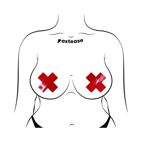 Pastease Plus X: Faux Latex Pleather Vinyl Red Cross Pasties (view 3)