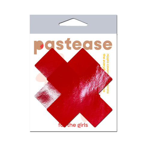 Pastease Plus X: Faux Latex Pleather Vinyl Red Cross Pasties (view 5)