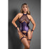 Fantasy Lingerie Domina Gartered Bustier & Crotchless Panty w/Detachable Restraints/Garters Deep Purple M/L (view 3)