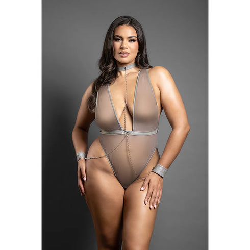 Fantasy Lingerie Domina Crotchless Plunge Teddy with Chain-Link Choker & Detachable Cuffs Gray