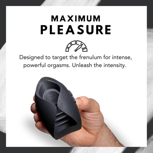 Black Hot Octopuss Pulse device held in one hand, showing its internal PulsePlate and flexible wings.