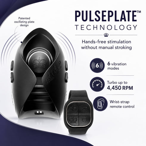 Pulse Solo Lux and wrist remote beside a diagram highlighting the oscillating PulsePlate, vibration modes and Turbo.