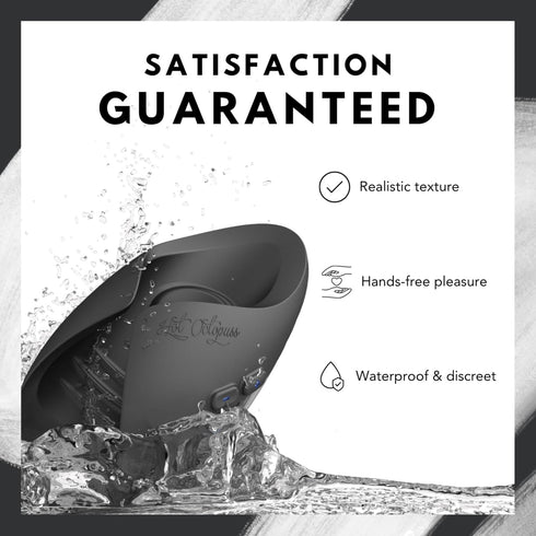 Black Hot Octopuss Pulse device splashed with water, with labels for texture, hands-free pleasure and waterproof design.