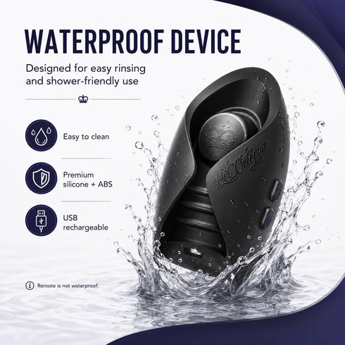 Black Pulse Solo Lux splashed with water; graphic highlights easy cleaning and USB charging, noting the remote is not waterproof.