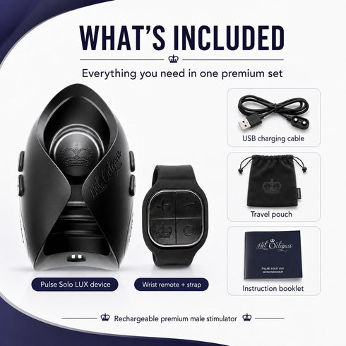 Pulse Solo Lux with wrist-strap remote, USB charging cable, travel pouch and instruction booklet.