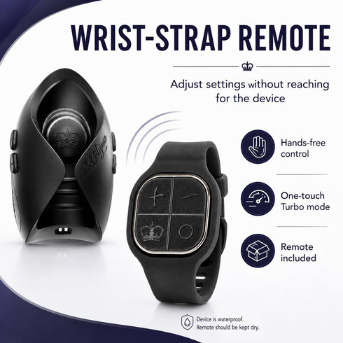 Hot Octopuss Pulse Solo Lux beside its wrist-strap remote, showing plus, minus, Turbo and power controls.