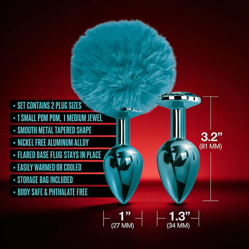 NIXIE Metal Butt Plug Set Pom Pom and Jewel-Inlaid Metallic