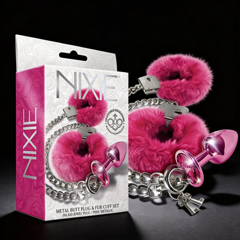 Nixie Metal Butt Plug & Furry Handcuff Set Medium Metallic