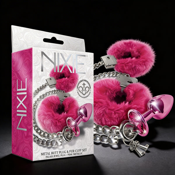 Nixie Metal Butt Plug & Furry Handcuff Set Medium Metallic
