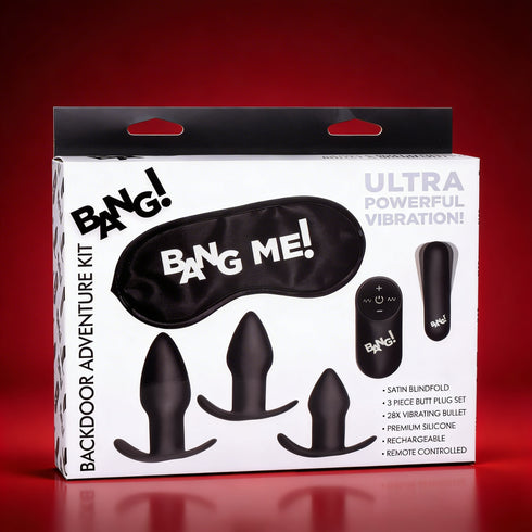 BANG! Backdoor Adventure 3-Piece Butt Plug Set, Bullet & Blindfold Kit Black