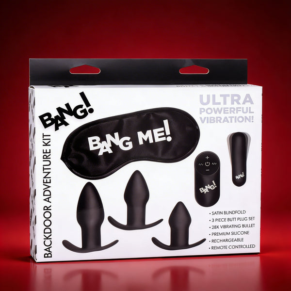 BANG! Backdoor Adventure 3-Piece Butt Plug Set, Bullet & Blindfold Kit Black