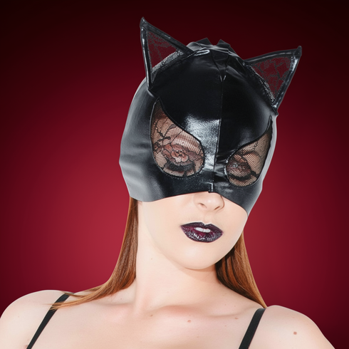 Cat Mask with Lace Eyes and Ears Black OS Hanging