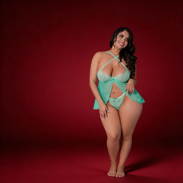 Magic Silk Caribbean Crush Flutter Babydoll & Thong Set Aqua Glow