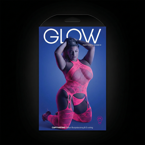 Fantasy Lingerie Glow Captivating High Neck Halter Bodystocking & G-String Set Neon Pink Queen Size