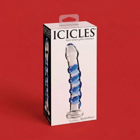 Icicles No. 5 Curved Ribbed 7 in. Glass Dildo Blue/Clear