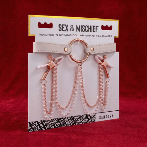 Sportsheets Sex & Mischief Peaches 'n CreaMe Collar with Nipple Clamps