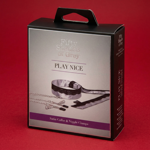 Fifty Shades of Grey Play Nice Satin Collar With Lace Trim & Adjustable Nipple Clamps Gray